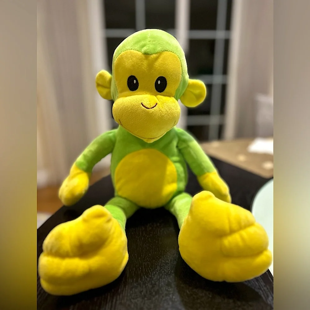 EUC Big T Toys plush stuffed animal Monkey green and yellow 10”